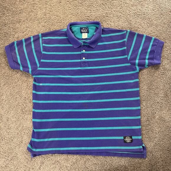 Vintage Woolrich Polo Shirt Blue Purple Stripes 90s Teal Vtg - Picture 1 of 8